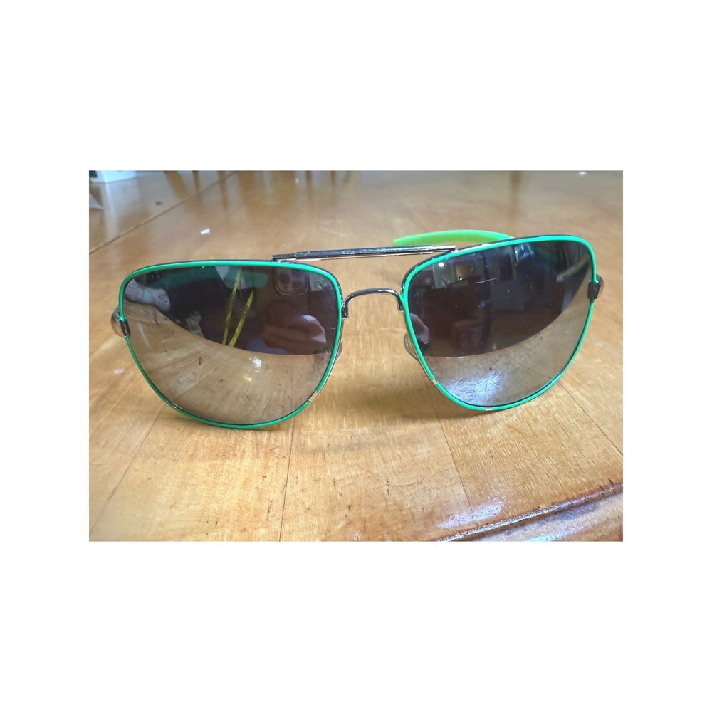 DG Aviator Sunglasses Silver Neon Green Trim Dark Lens Mens Womens